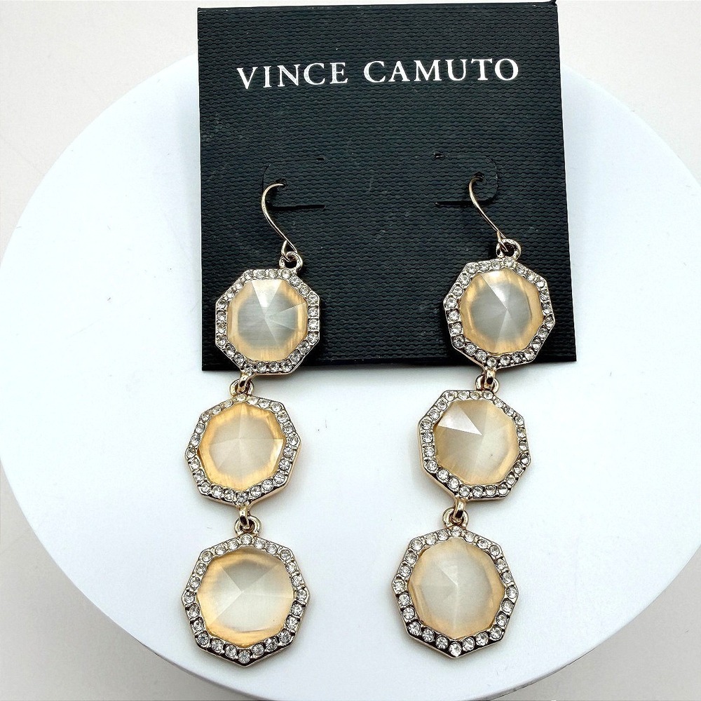 Vintage 90s Vince Camuto Gold Tone Champagne Glass‎ Hexagon Dangle Drop Earrings